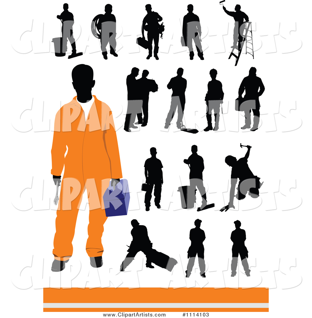 Silhouetted Workers and One Man in Orange