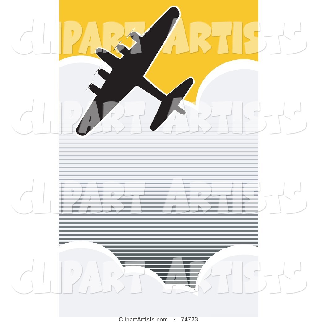 Silhouetted World War II Bomber Flying Through Clouds in a Yellow Sky