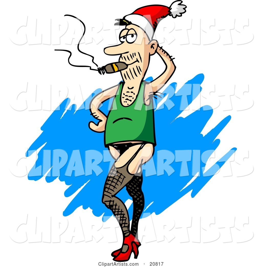 Silly Man Wearing a Santa Hat, Green Tank Top, Fishnet Stockings, Panties and High Heels, Posing and Smoking a Cigar