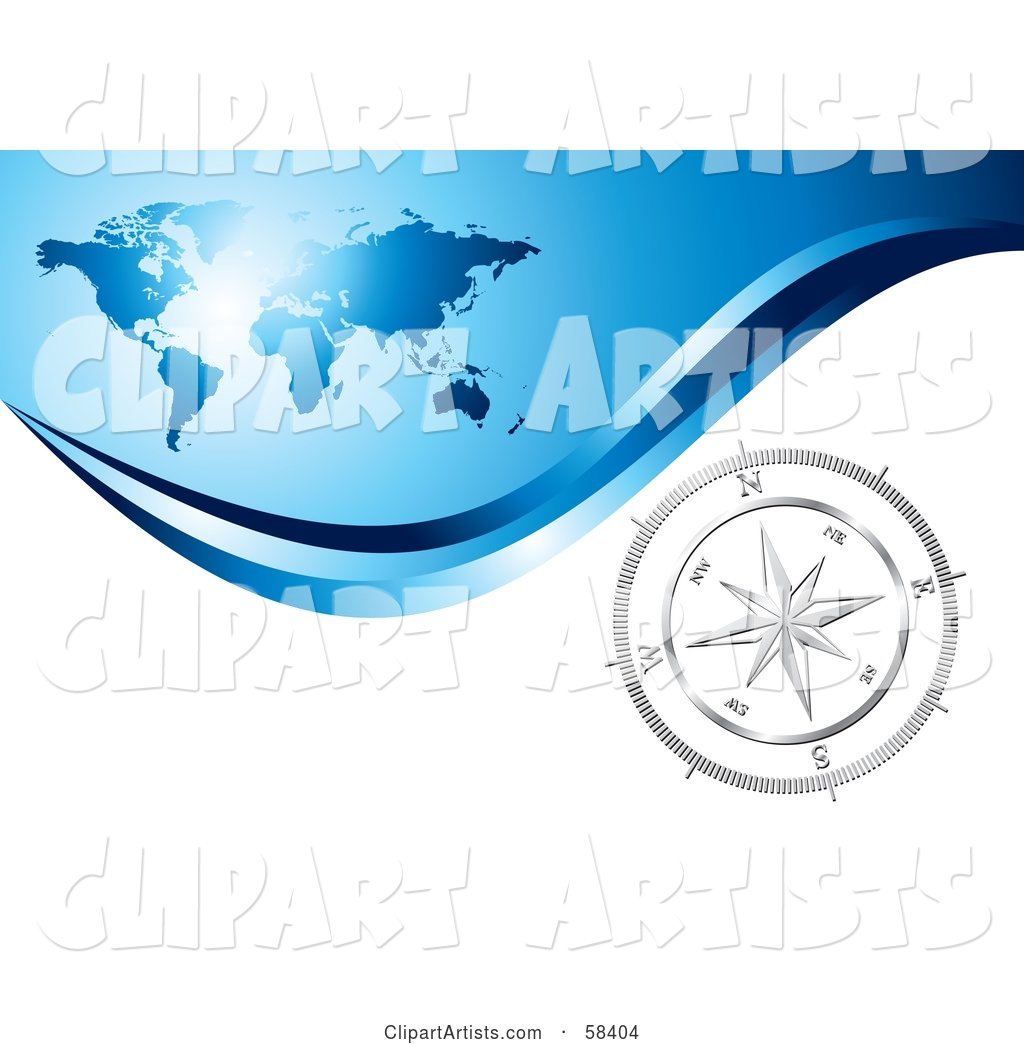 Silver Compass Rose on a White Wave Under a Blue World Map