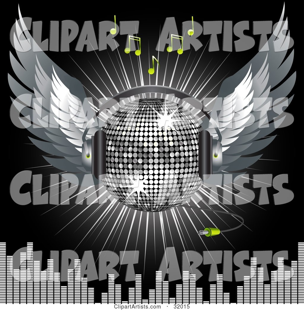 Silver Disco Ball with Wings and Headphones, over a Black Background with a Burst of Light, Green Music Notes and Equalizer Bars
