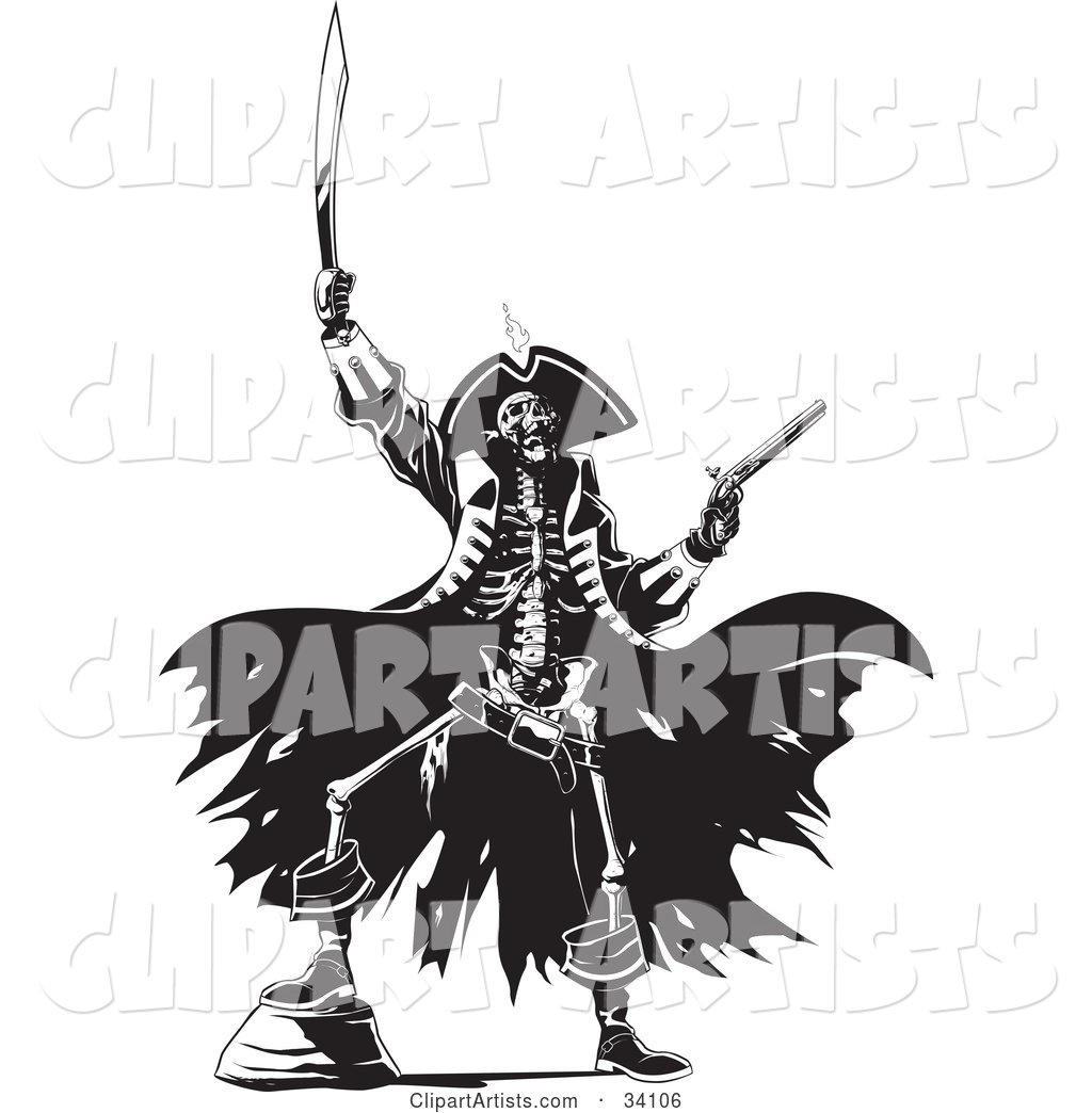 Skeleton Pirate Raising Hell, One Foot up on a Rock, Holding a Sword and Pistil