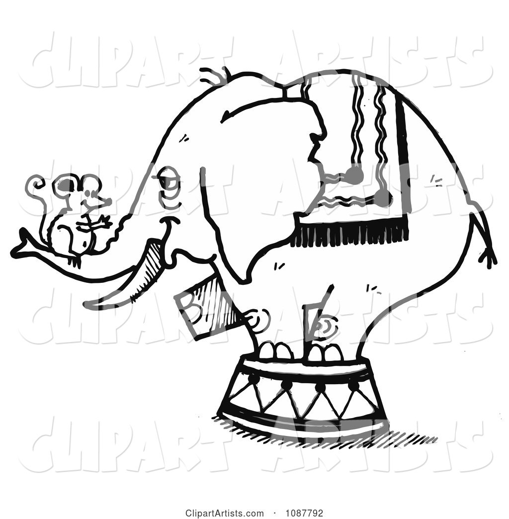 Sketched Circus Elephant with a Mouse on Its Trunk