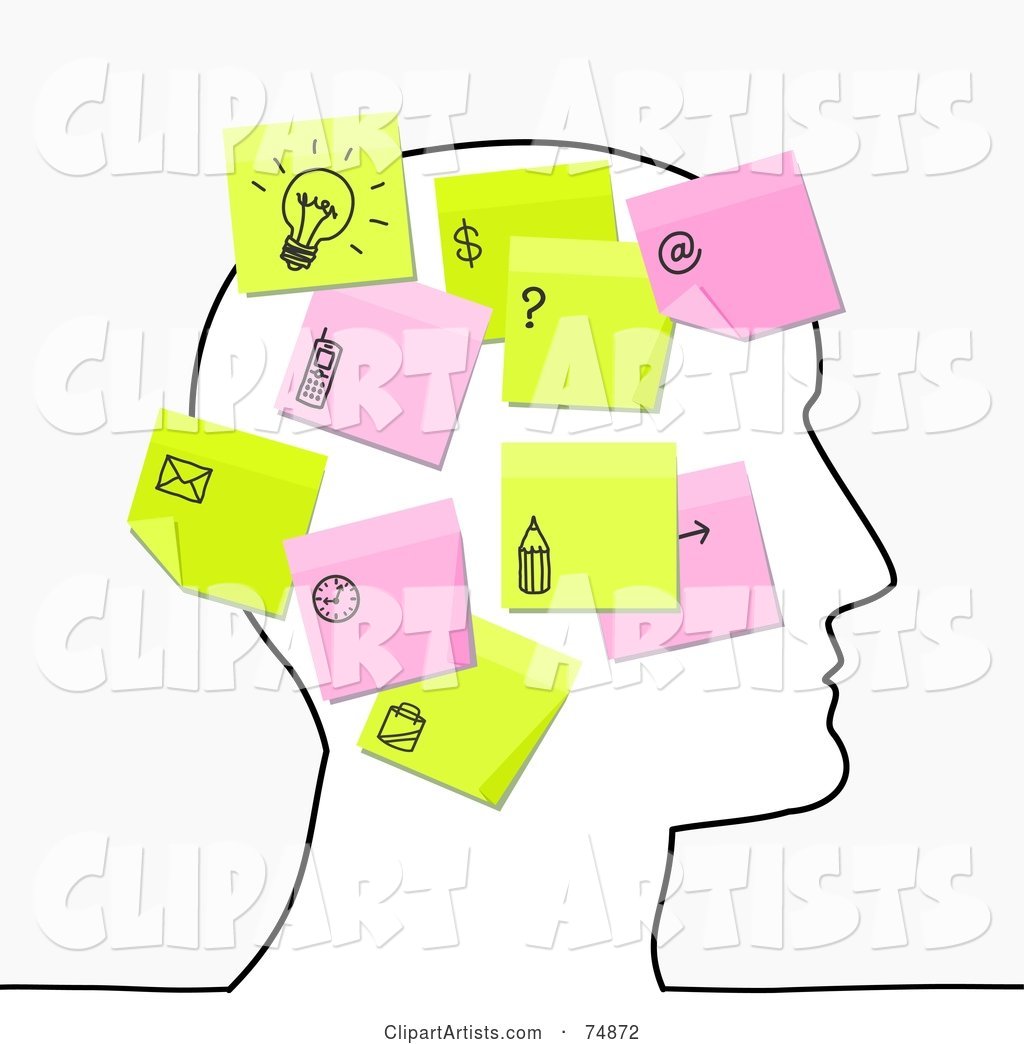 Sketched Head with Pink and Yellow Sticky Note Thoughts