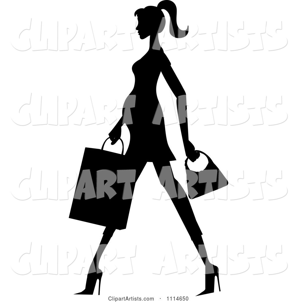 Slender Silhouetted Pregnant Woman Walking with a Shopping Bag and Purse