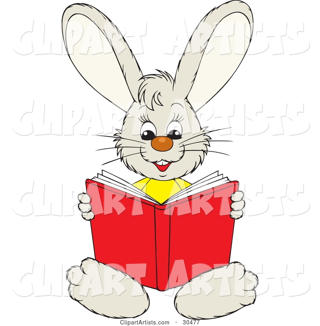 Smart Little Bunny Rabbit Sitting and Reading a Red Book