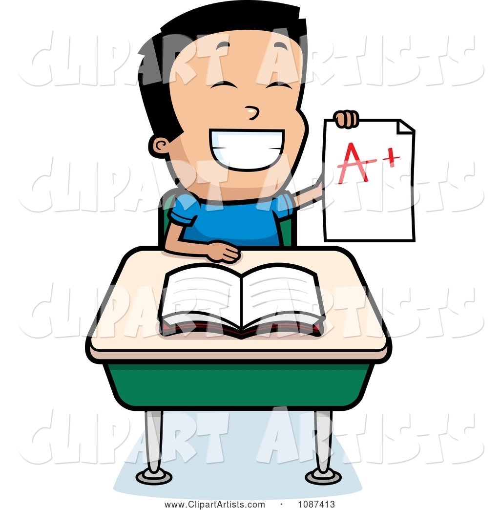 Smart School Boy Sitting at a Desk with an a Plus Report Card