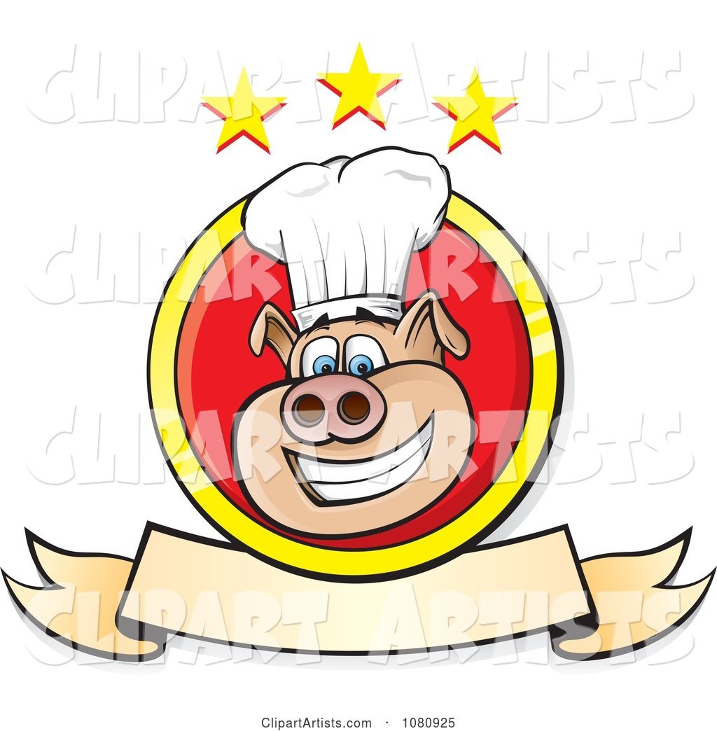 Smiling Chef Pig Logo with a Banner and Stars