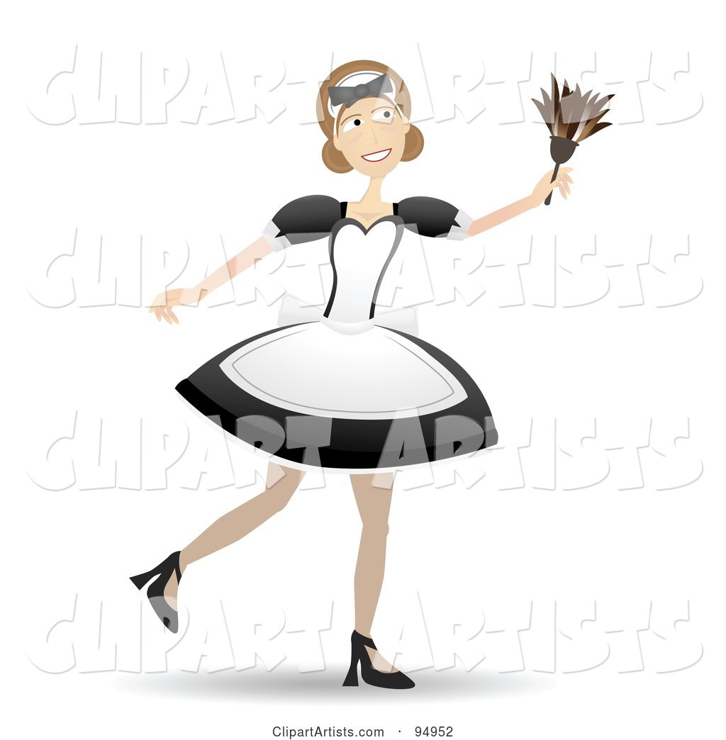 Smiling Maid Using a Feather Duster