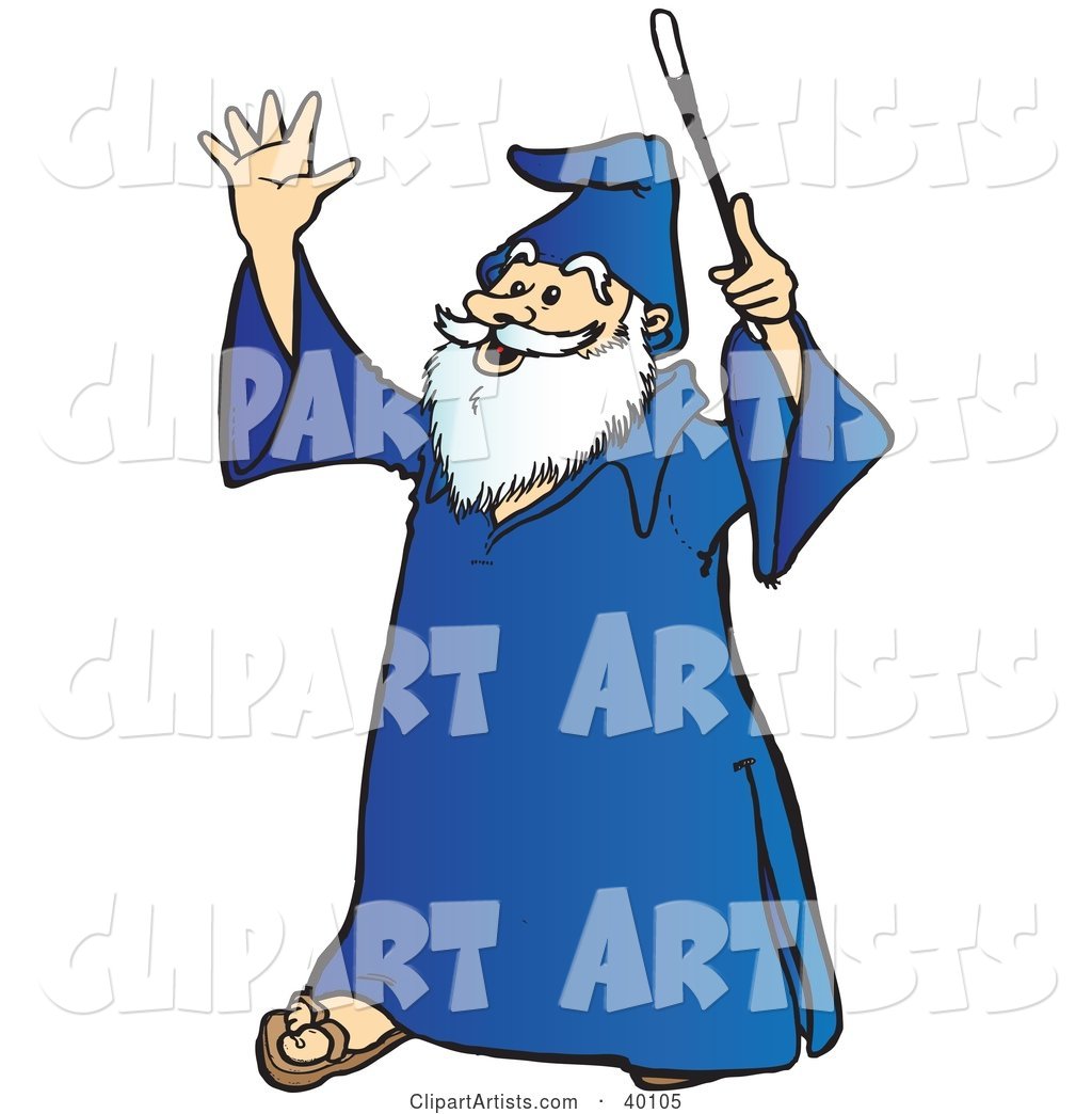 Smiling Old Wizard with White Facial Hair, Holding up His Wand