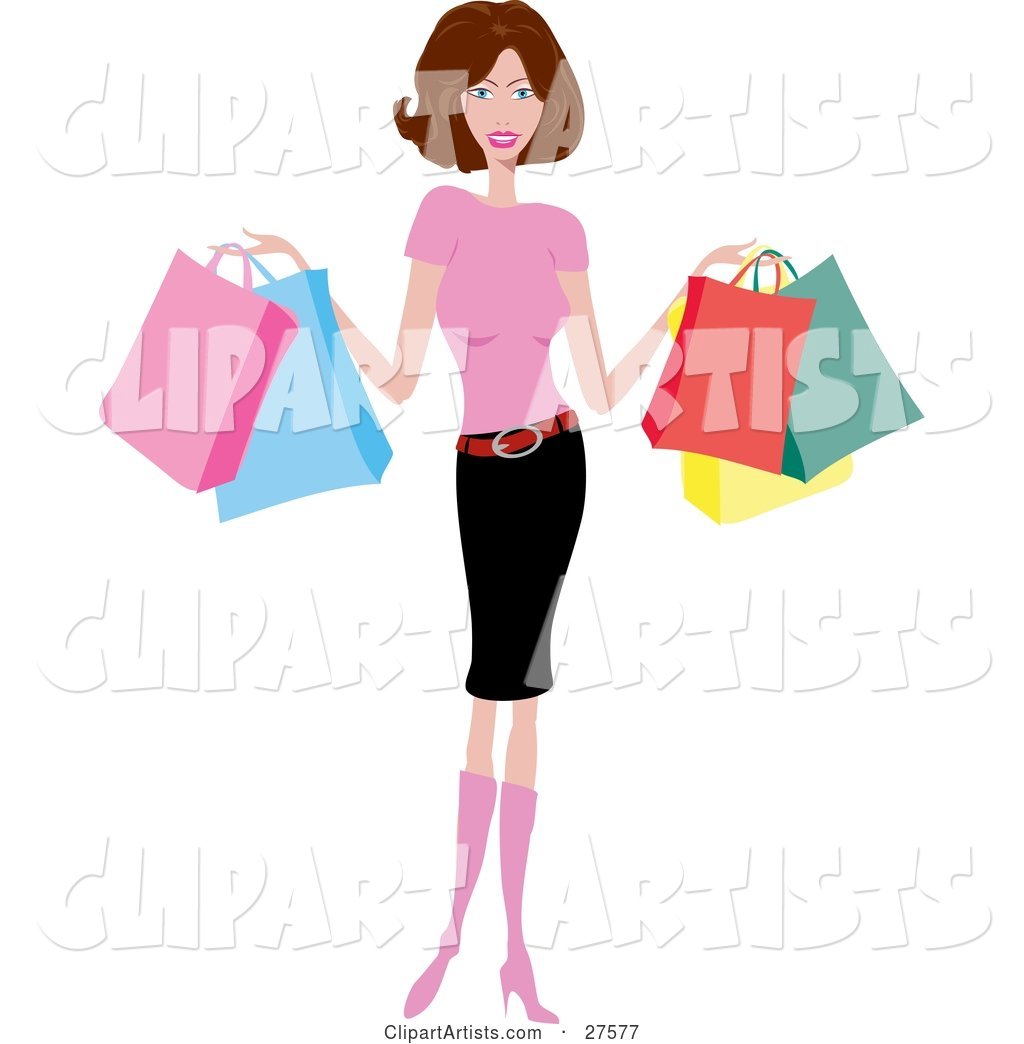 Smiling Slender Caucasian Woman in Pink Boots, a Pink Shirt and Pencil Skirt, Holding Colorful Shopping Bags