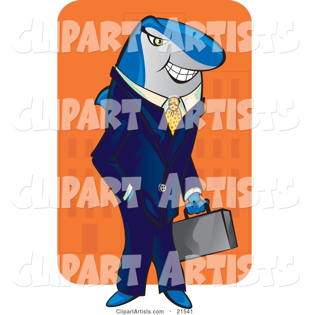 Sneaky Shark Businessman in a Blue Suit, Carrying a Briefcase and Standing with His Hand in His Pocket While Smiling