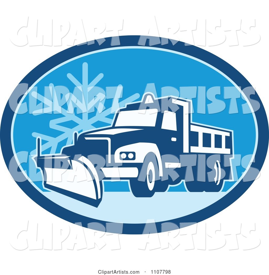 Snow Plow Truck on a Road in a Blue Oval with a Snowflake