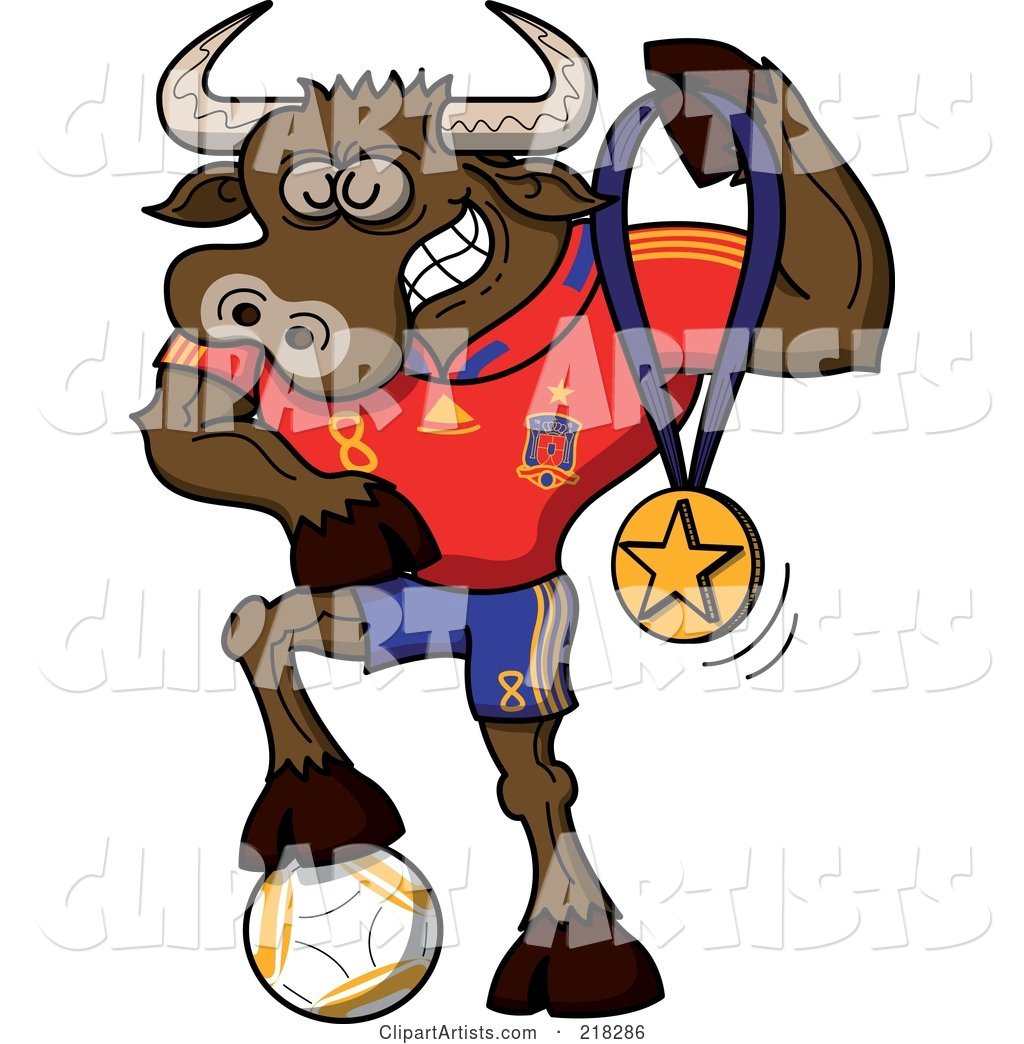 Spanish Soccer Bull Resting His Foot on a Ball and Holding up a Medal