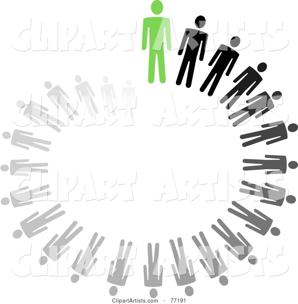 Spiraling Circle of Black and Gray Paper People Standing Behind a Green Leader