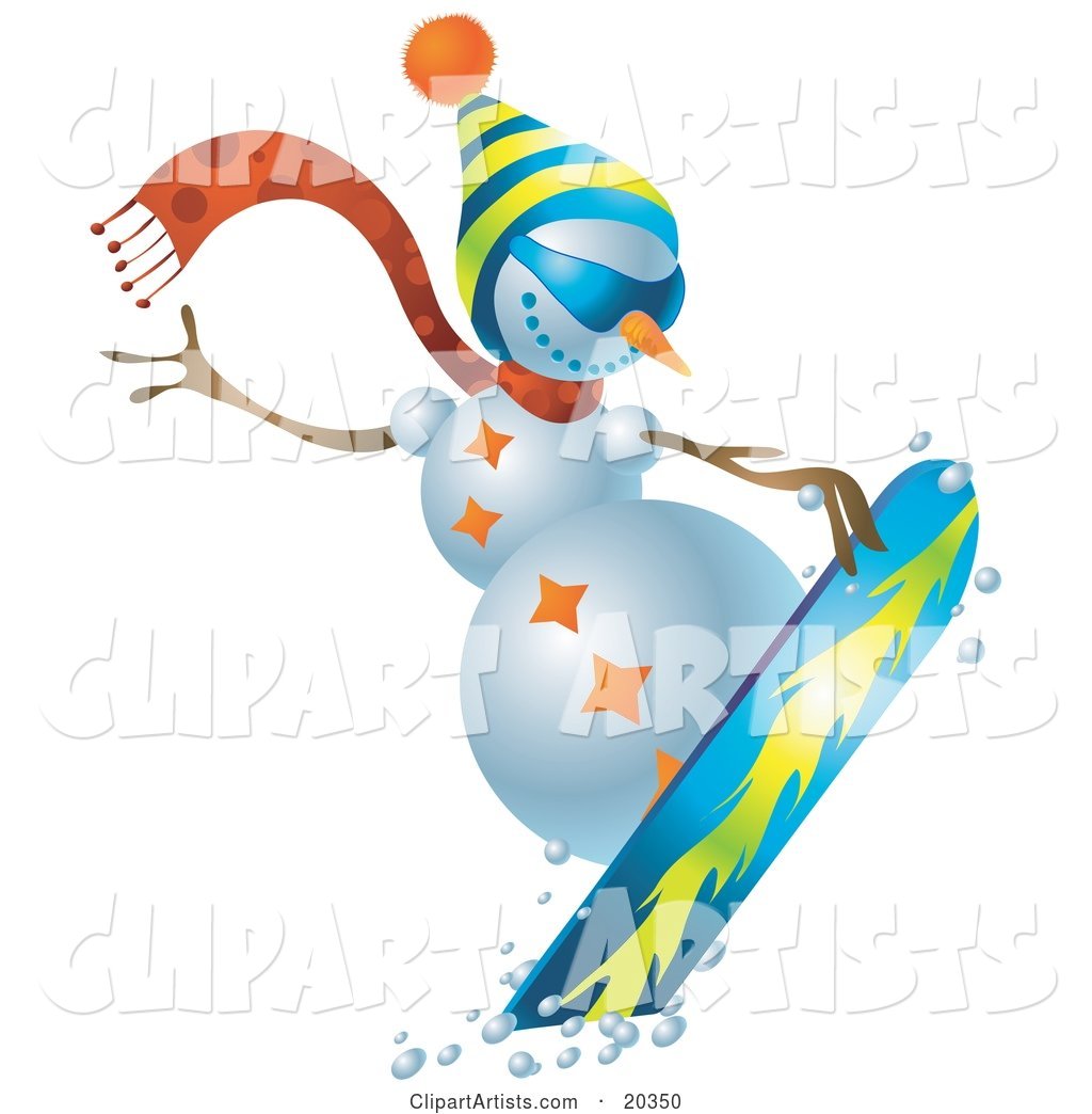 Sporty Snowman Wearing a Hat and Scarf, Snowboarding on Slopes