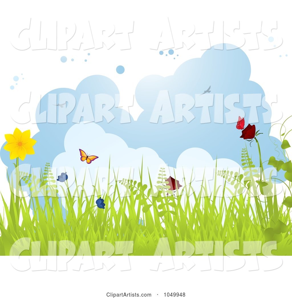 Spring Background of Grass, Butterflies and Flowers Against Clouds