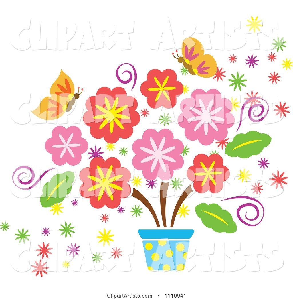 Spring Flowers in a Pot and Butterflies
