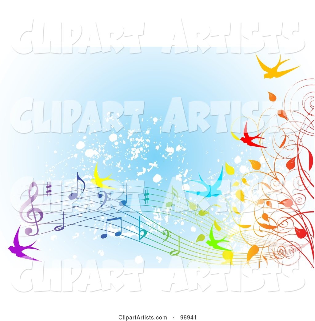 Spring Time Background of Colorful Swallows, Vines and Music Notes over Blue Grunge