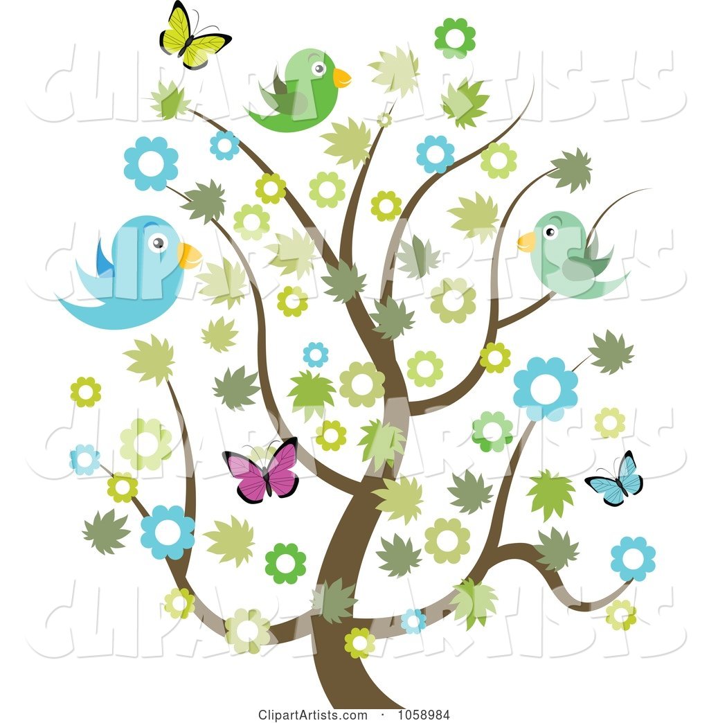 Spring Tree with Blossoms, Butterflies and Birds