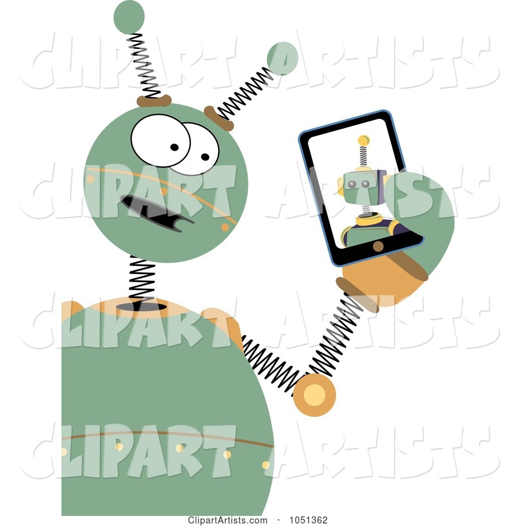 Springy Green Robot Holding a Tablet