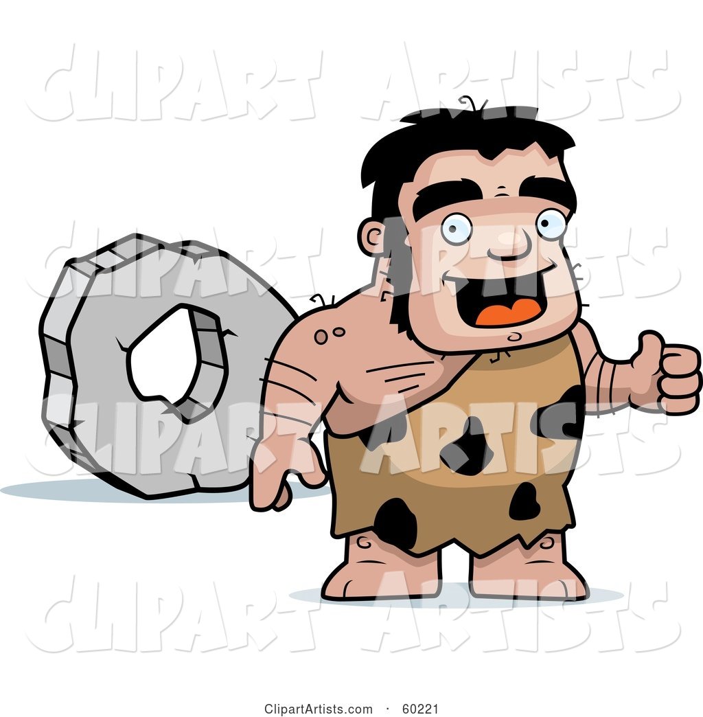 Stalky Caveman Character Standing by a Rock Wheel