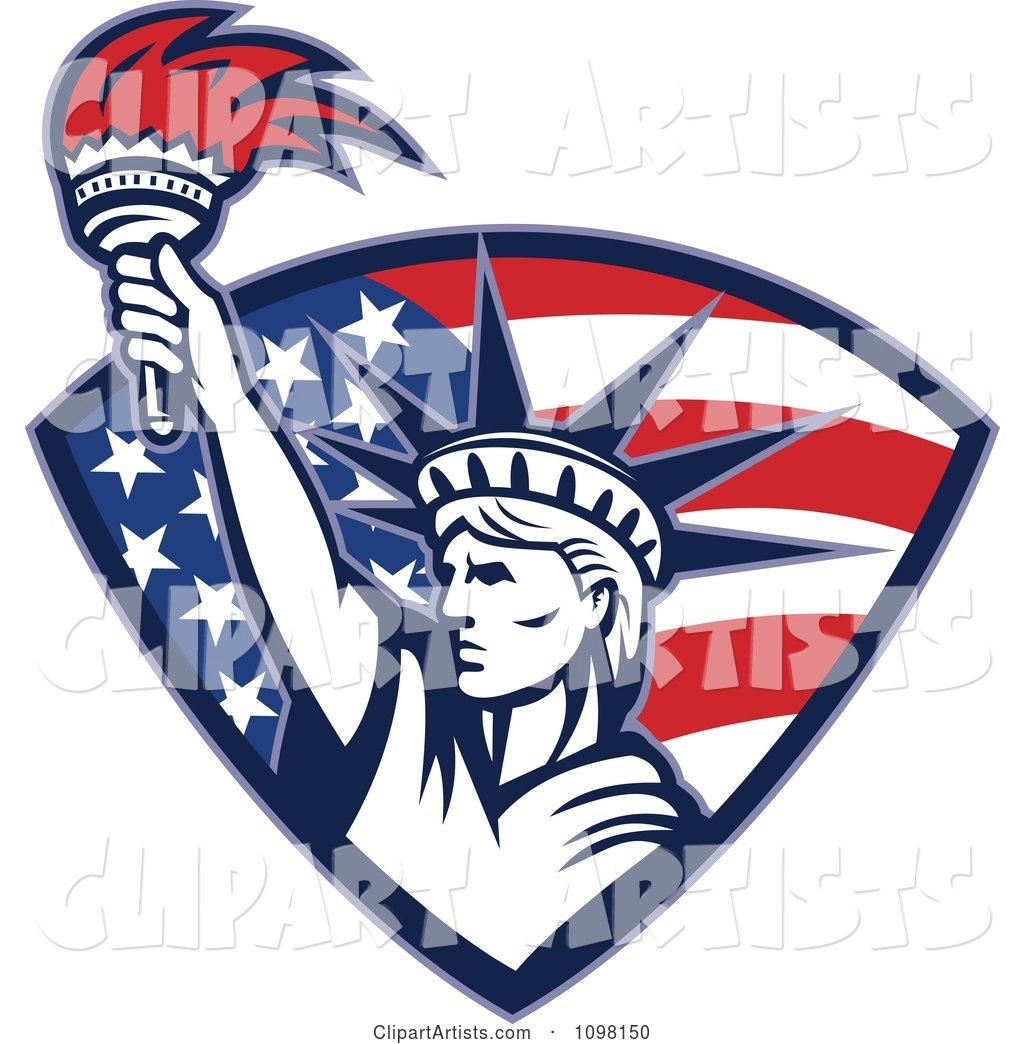 Statue of Liberty Holding up a Torch in an American Flag Shield