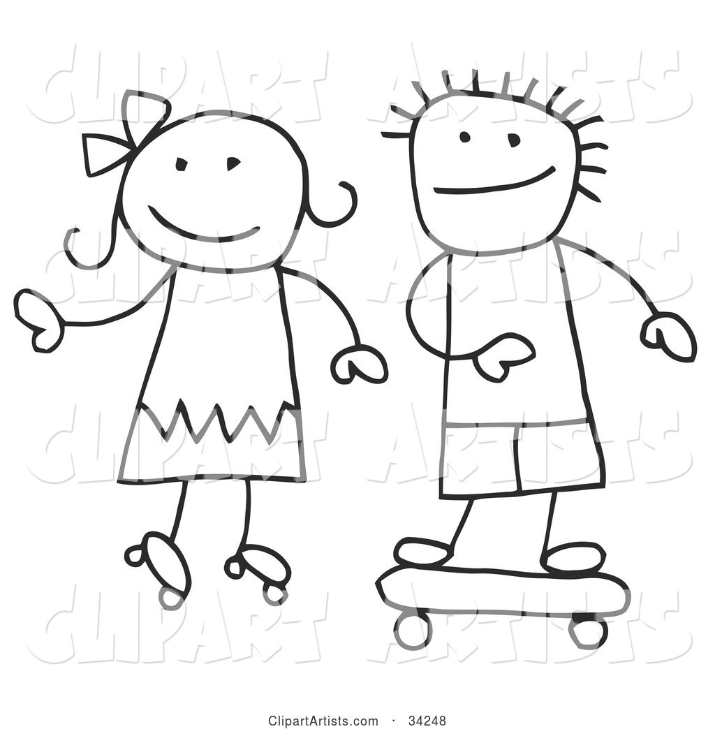 Stick Boy and Girl Skateboarding and Roller Skating