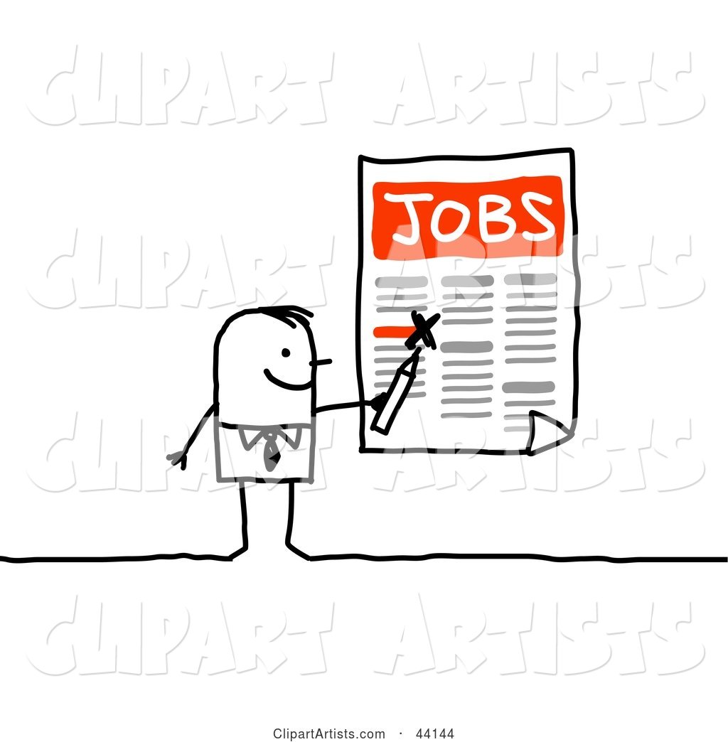 Stick Businessman Highlighting Job Openings on a Poster