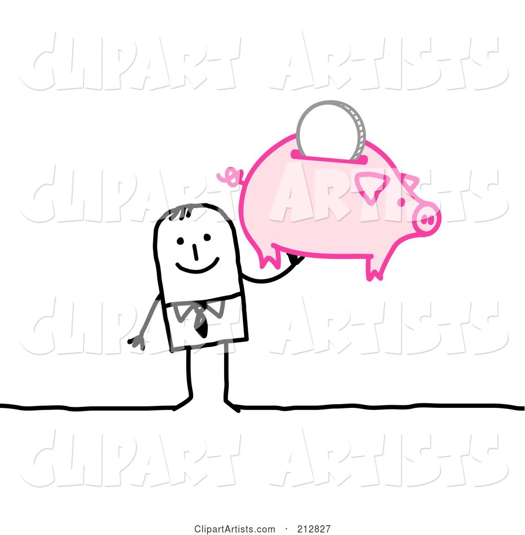 Stick Businessman Holding up a Piggy Bank