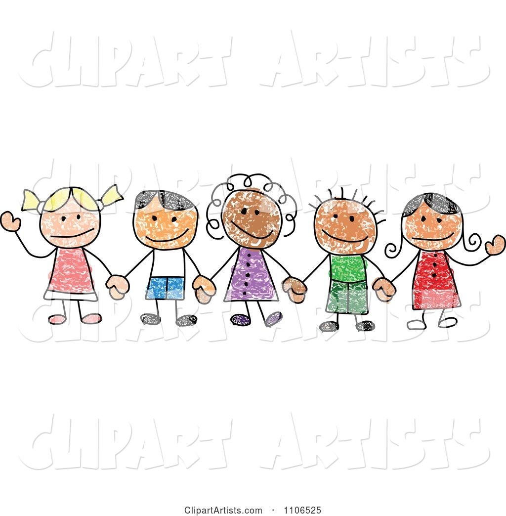 Stick Drawing of Multi Ethnic Children Holding Hands