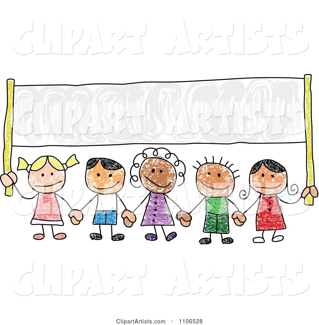 Stick Drawing of Multi Ethnic Children Holding Hands Under a Banner