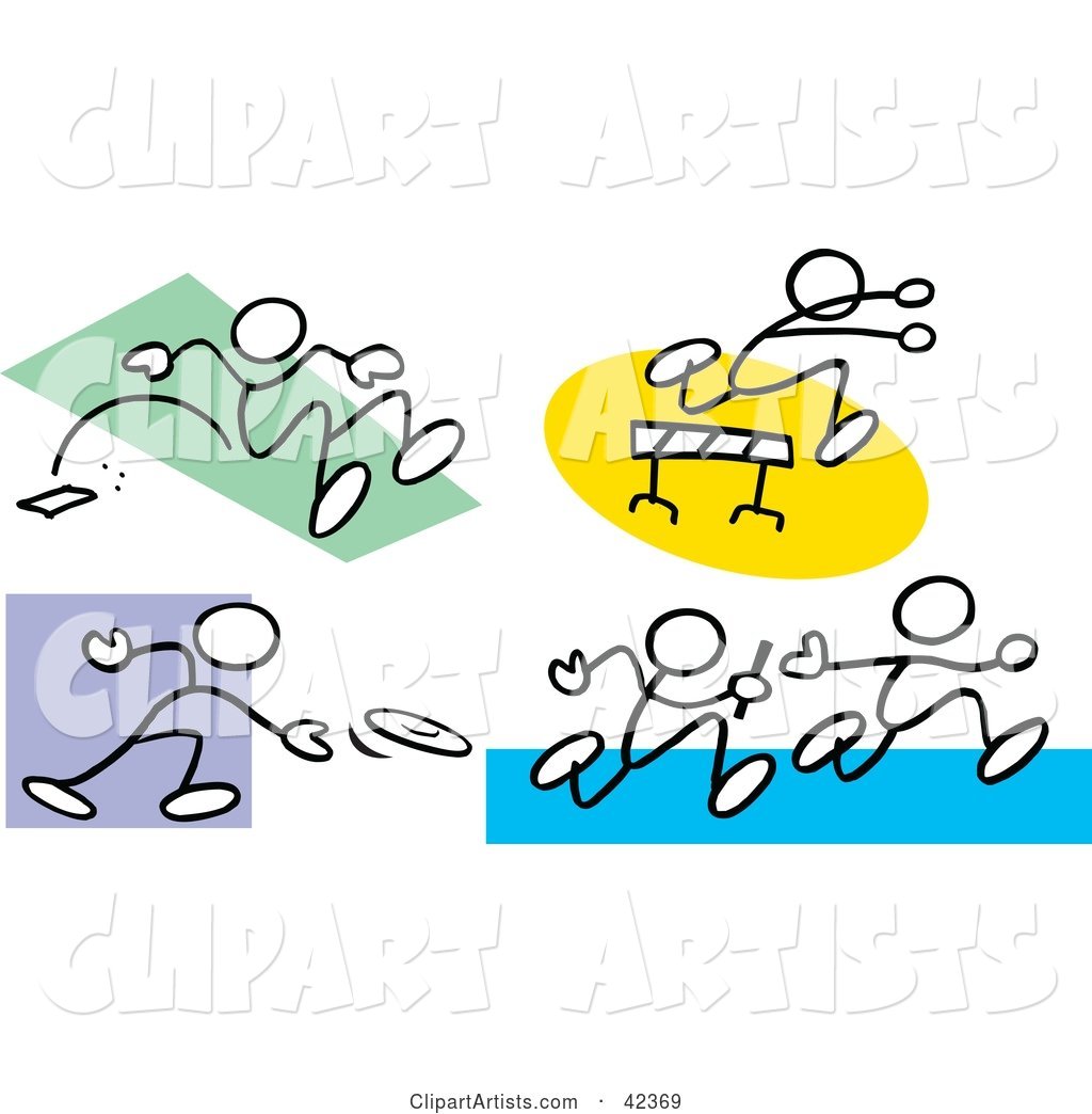 Stick Figures Doing the Long Jump, Leaping over Hurdles, Tossing a Discus and Running a Relay