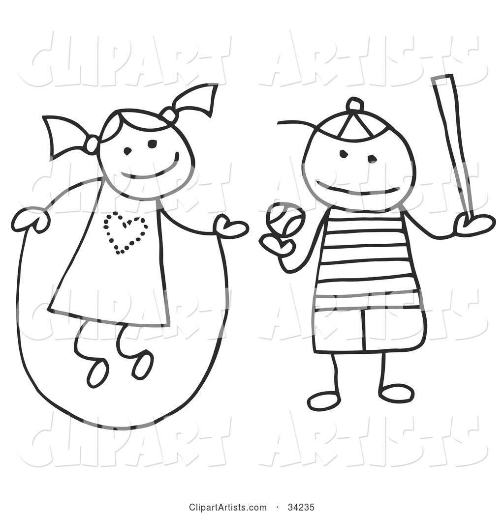 Stick Girl and Boy Jumping Rope and Playing Baseball