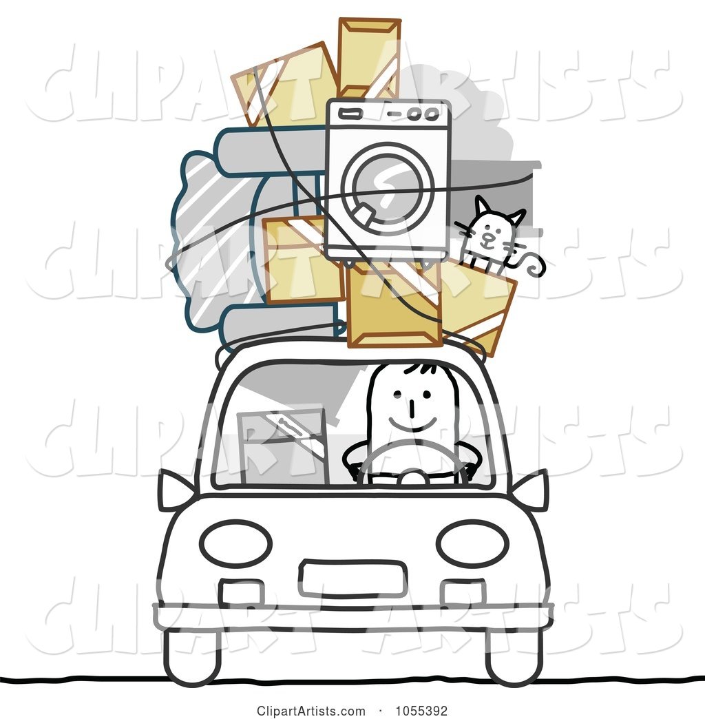 Stick Man with Furniture, Cat and Boxes on the Roof of His Car