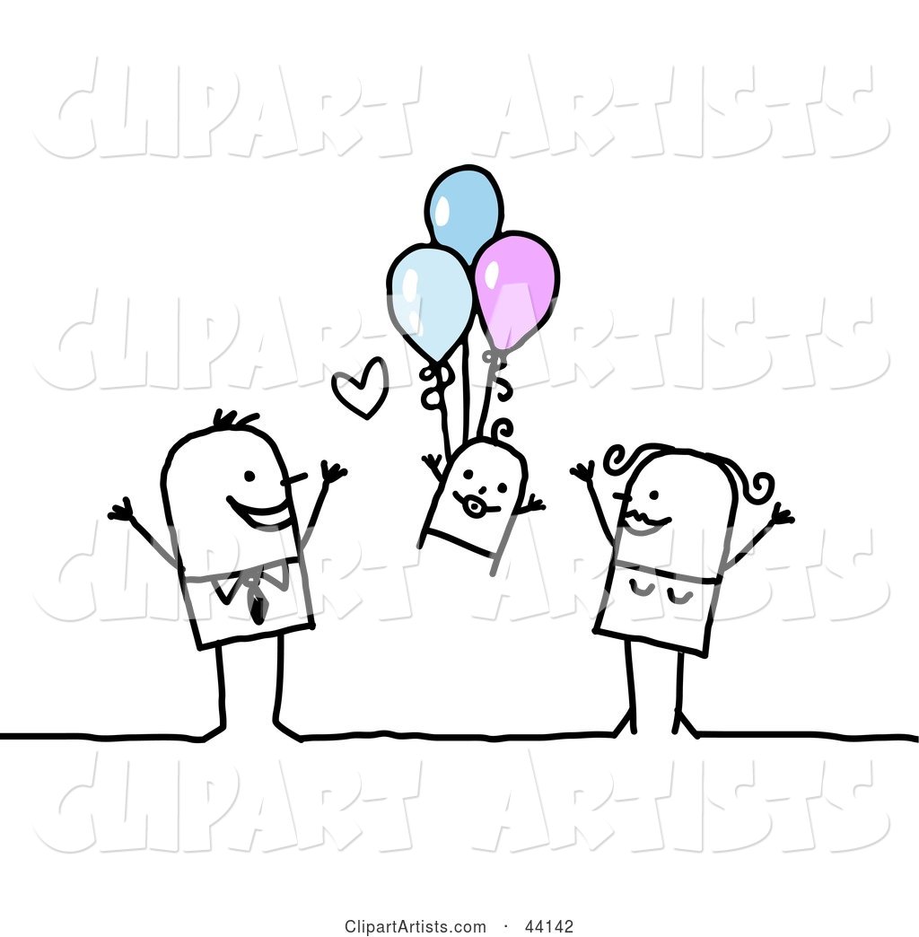 Stick Mom and Dad Watching Their Baby Float up While Holding onto Balloons