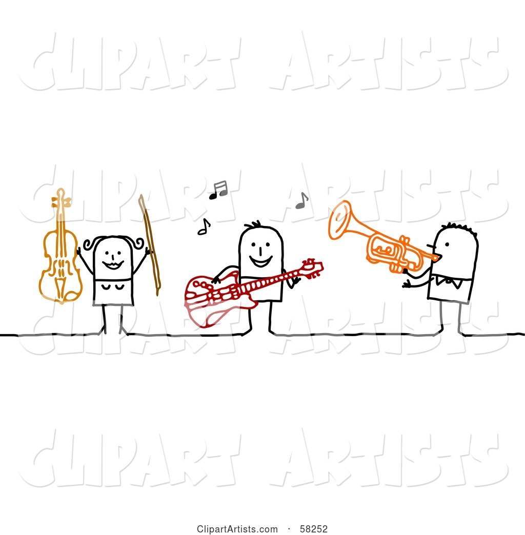 Stick People Character Band Playing the Violin, Guitar and Trumpet