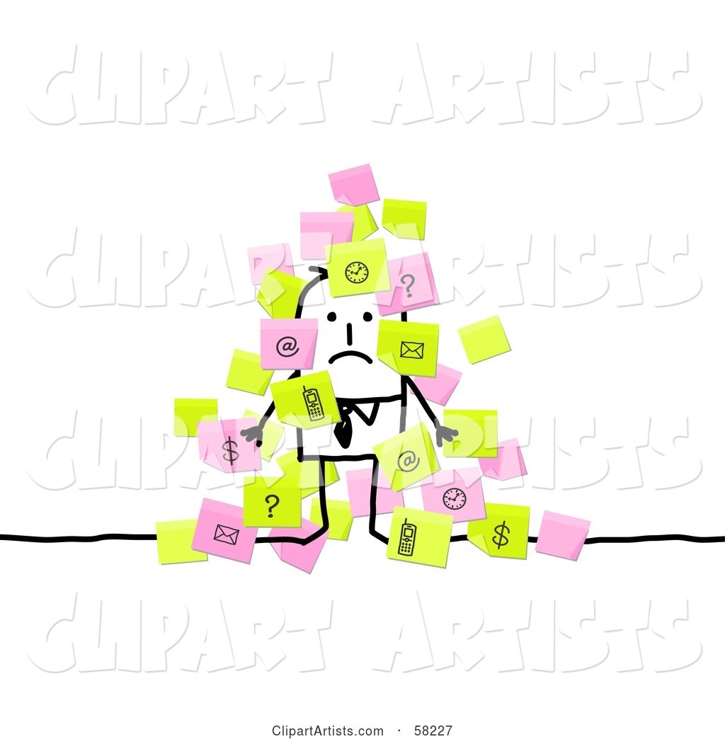 Stick People Character Businessman Overwhelmed with Sticky Notes