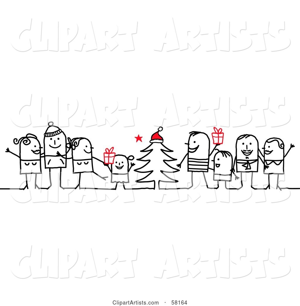 Stick People Character Families Standing Around a Christmas Tree with Gifts