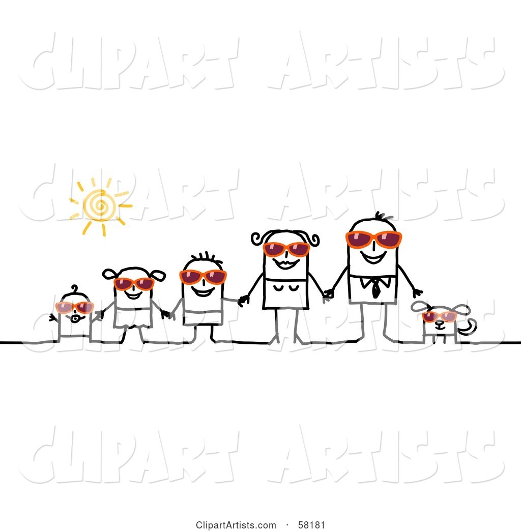 Stick People Character Family and Dog Wearing Shades and Holding Hands