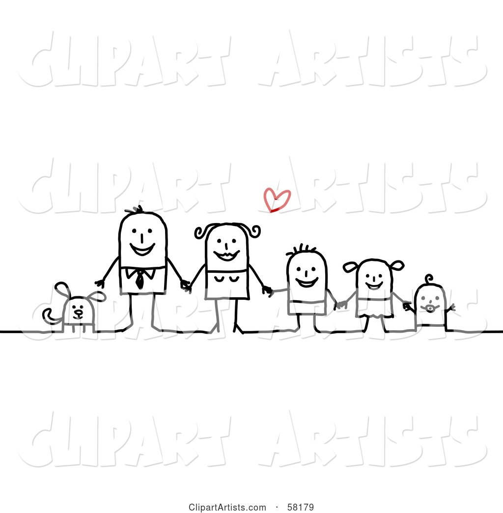 Stick People Character Family Holding Hands and Standing with Their Dog Under a Heart