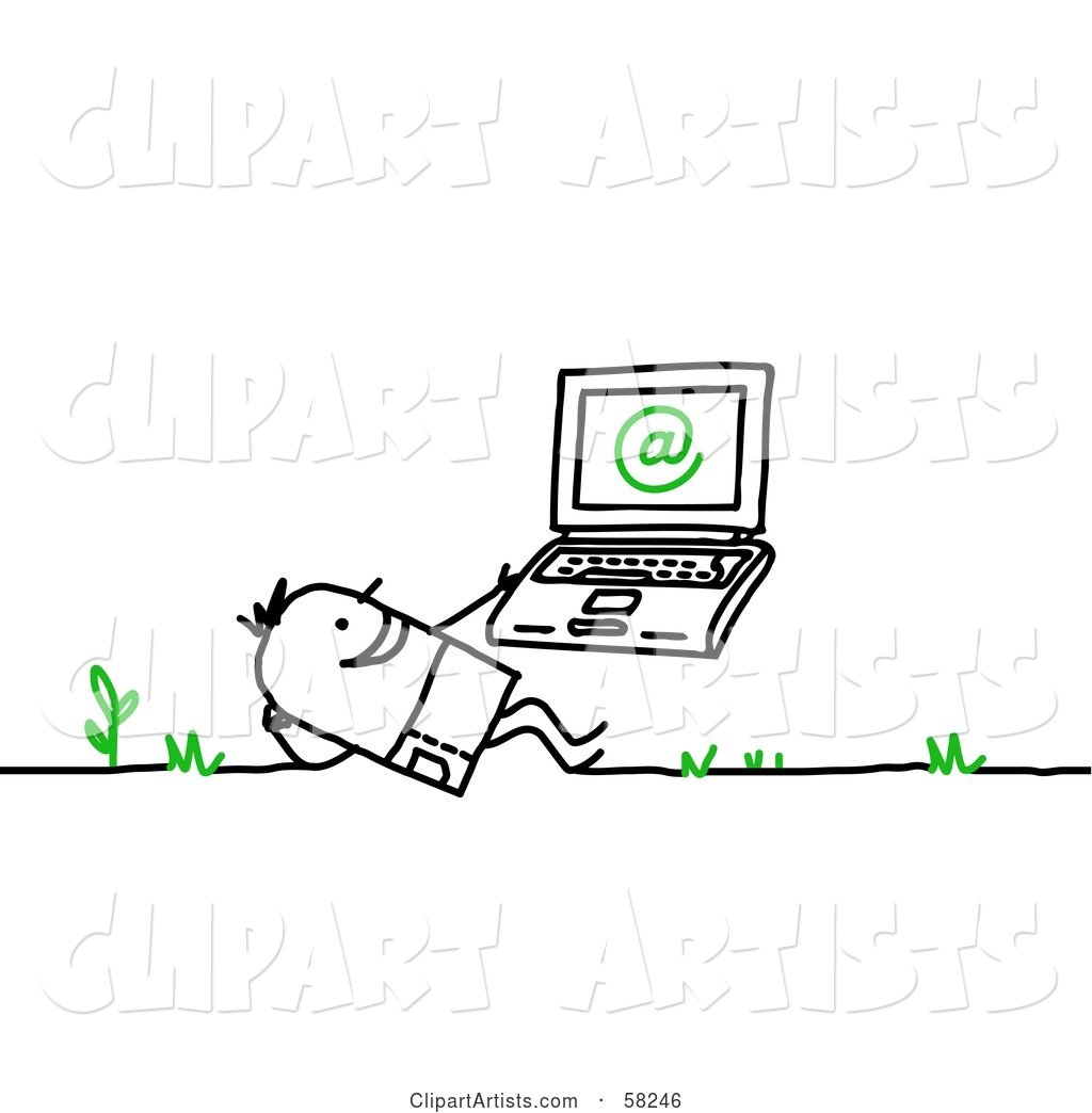 Stick People Character Man Using a Laptop Outdoors