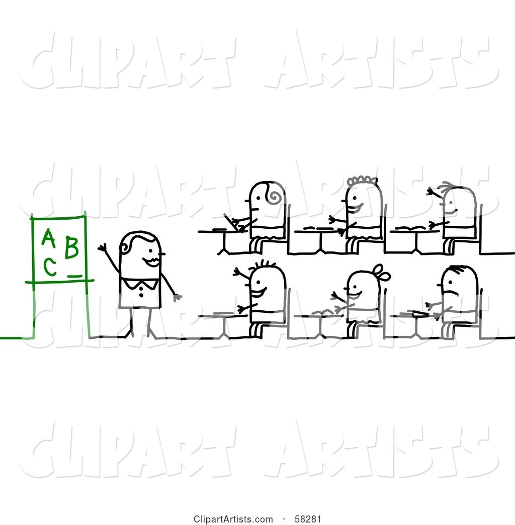 Stick People Character Teacher and Students Learning the Alphabet