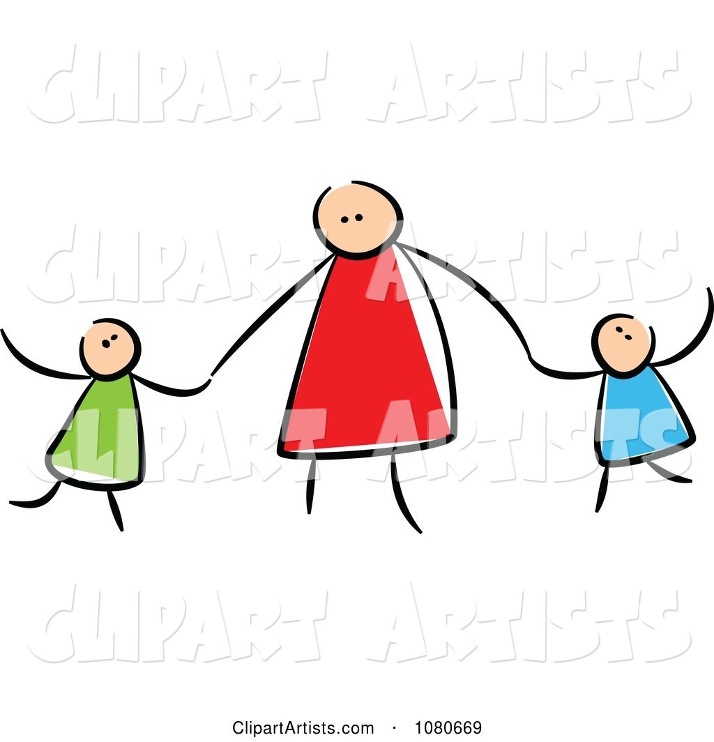 Stick People Mother Holding Hands with Her Children