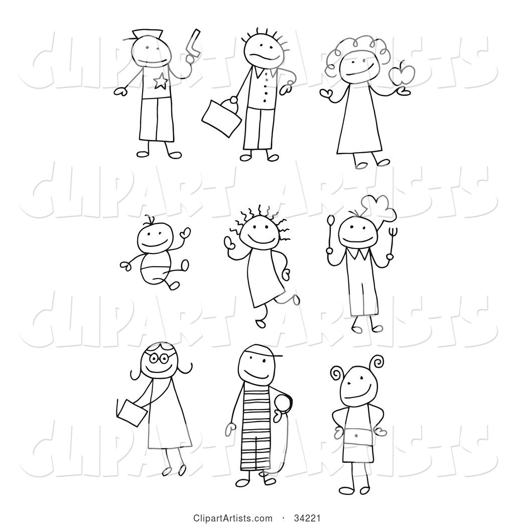 Stick Police Officer, Late Businessman, Teacher, Baby, Child, Chef, Teenager, Prisoner and Kid