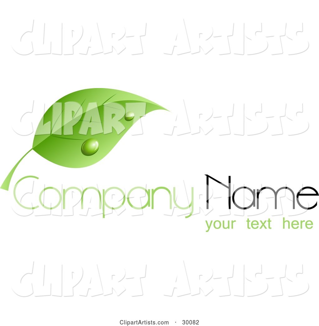 Stock Logo of a Single Green Leaf with Dew Drops, Above Space for a Company Name and Information