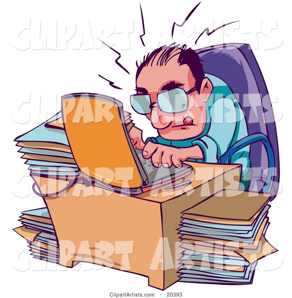 Stressed and Overwhelmed Businessman Typing Away on His Laptop at His Desk, Surrounded by Stacks of Files