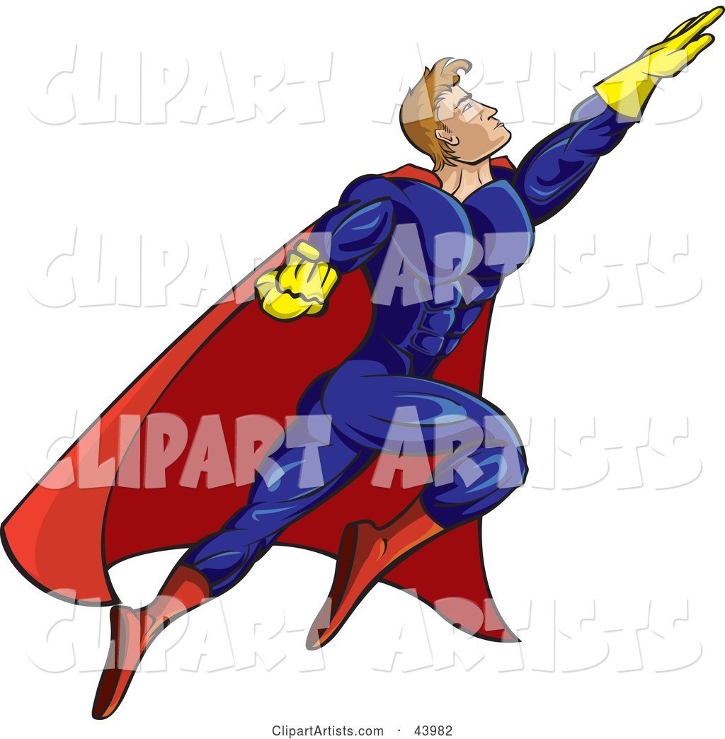 Strong Flying Male Super Hero in a Blue, Yellow and Red Uniform