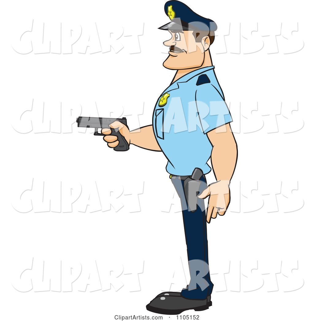 Strong Police Man in Profile Holding a Gun