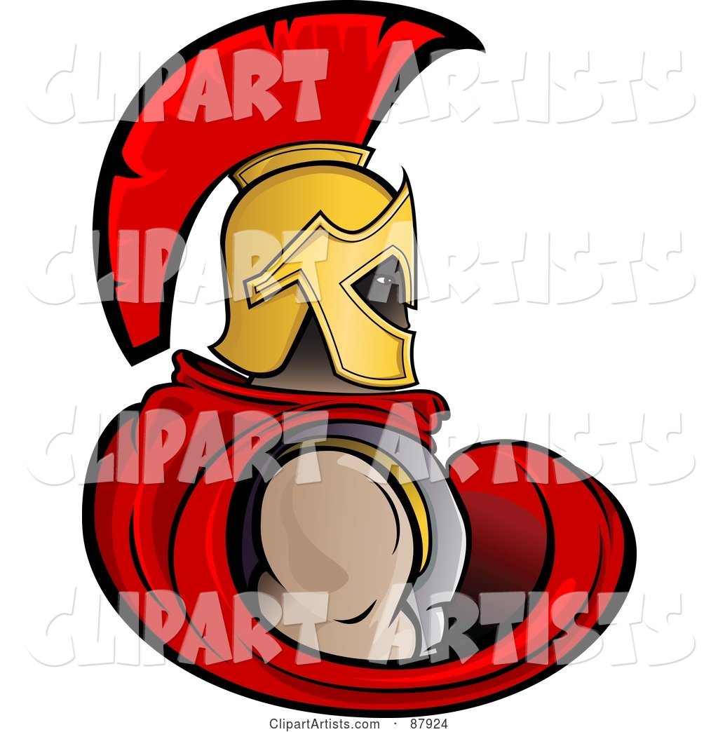 Strong Trojan Warrior in a Red Cape and Golden Helmet